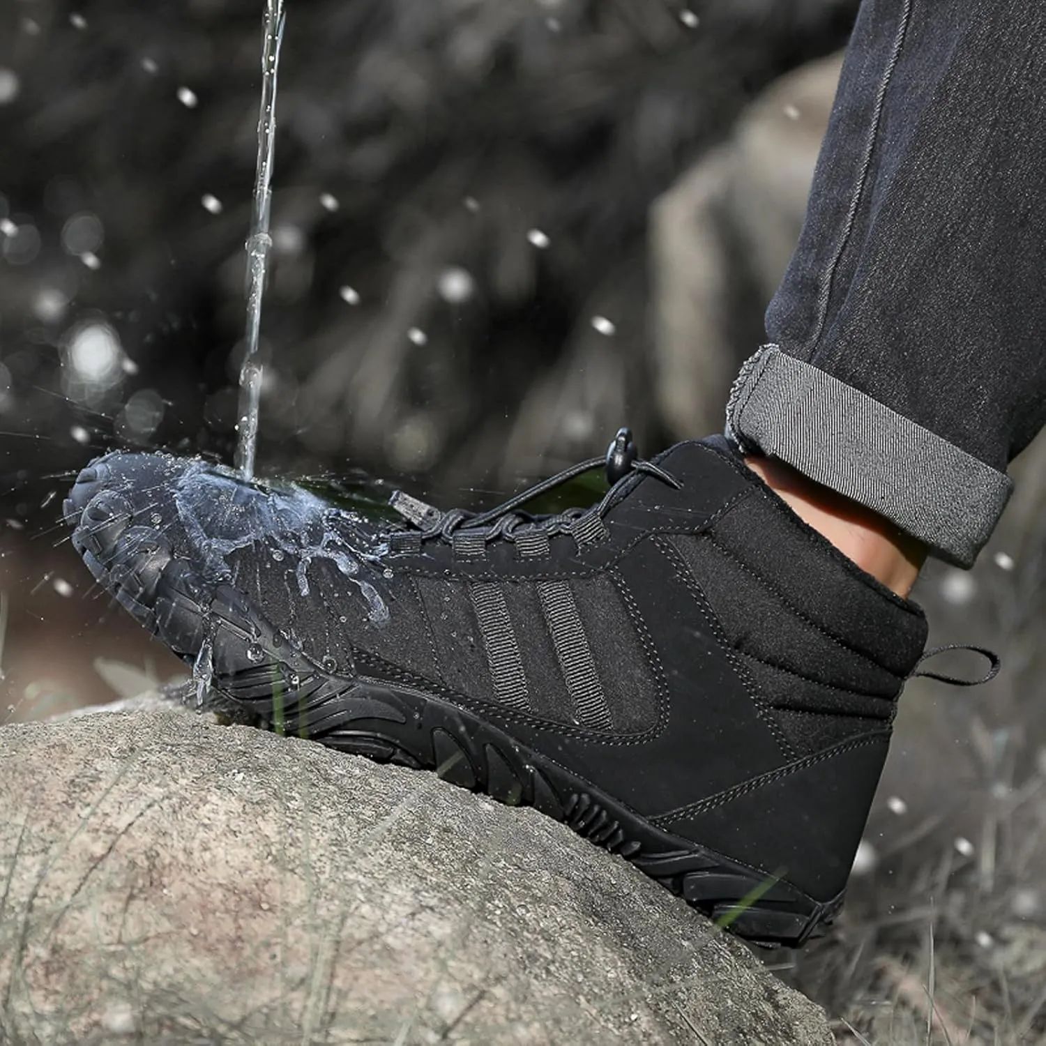 Mens and Womens Barefoot Hiking Boots | Zero Drop Warm Lined Winter Snow Boots with Wide Toe Box | Waterproof Ankle Booties with Elastic Cord Closure | Minimalist Five-Finger Sneakers for Outdoor Hiking and Walking