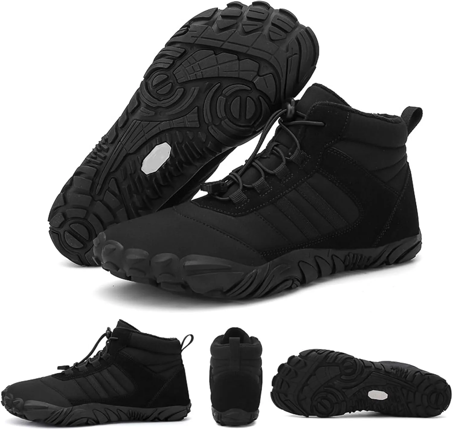 Mens and Womens Barefoot Hiking Boots | Zero Drop Warm Lined Winter Snow Boots with Wide Toe Box | Waterproof Ankle Booties with Elastic Cord Closure | Minimalist Five-Finger Sneakers for Outdoor Hiking and Walking