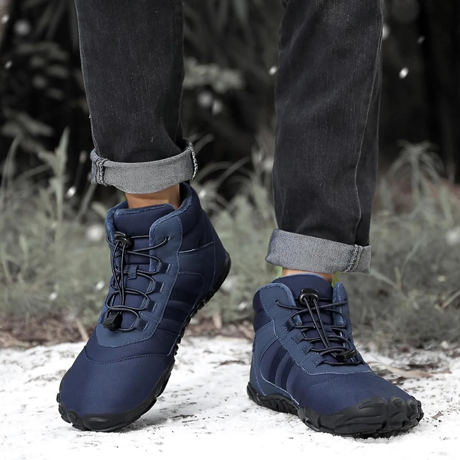Mens and Womens Barefoot Hiking Boots | Zero Drop Warm Lined Winter Snow Boots with Wide Toe Box | Waterproof Ankle Booties with Elastic Cord Closure | Minimalist Five-Finger Sneakers for Outdoor Hiking and Walking