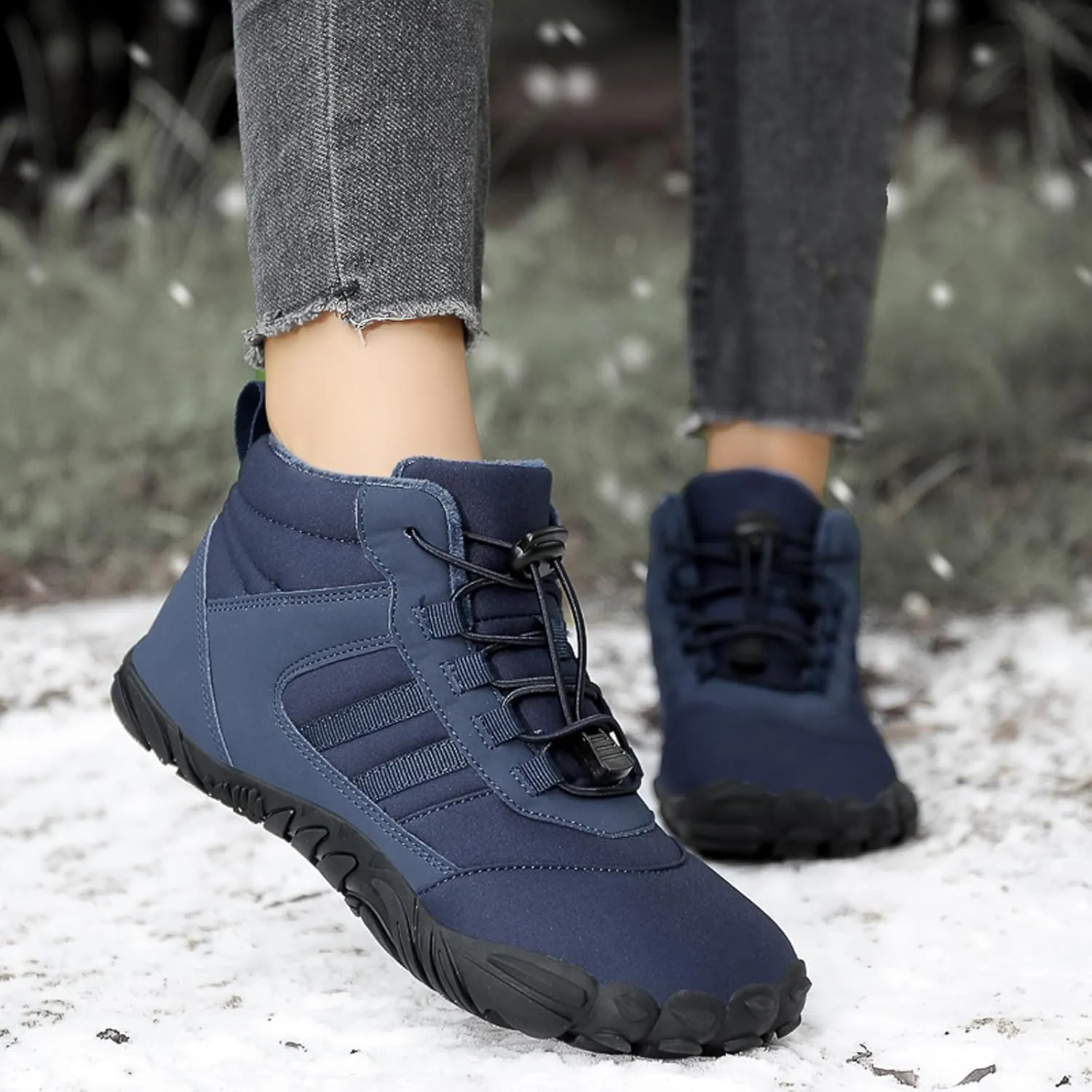 Mens and Womens Barefoot Hiking Boots | Zero Drop Warm Lined Winter Snow Boots with Wide Toe Box | Waterproof Ankle Booties with Elastic Cord Closure | Minimalist Five-Finger Sneakers for Outdoor Hiking and Walking