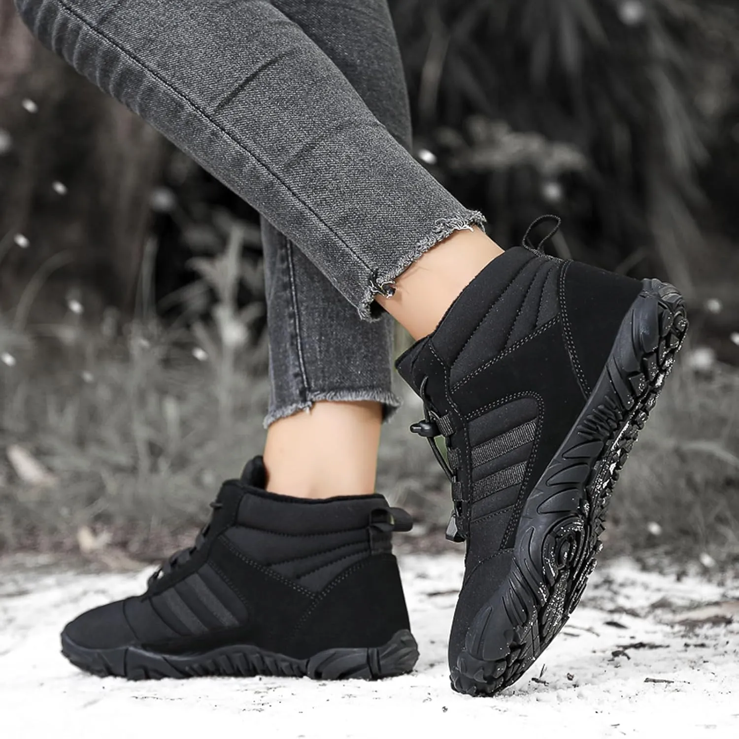 Mens and Womens Barefoot Hiking Boots | Zero Drop Warm Lined Winter Snow Boots with Wide Toe Box | Waterproof Ankle Booties with Elastic Cord Closure | Minimalist Five-Finger Sneakers for Outdoor Hiking and Walking