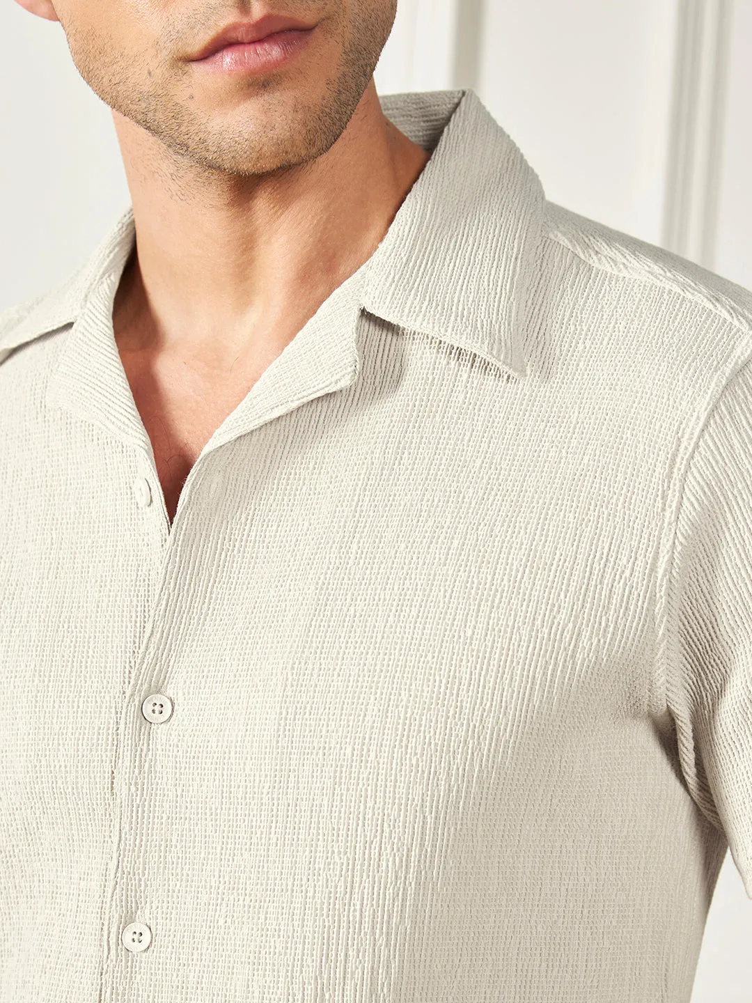 Men's Beige Cuban collar Textured Cotton Poly Casual Shirt