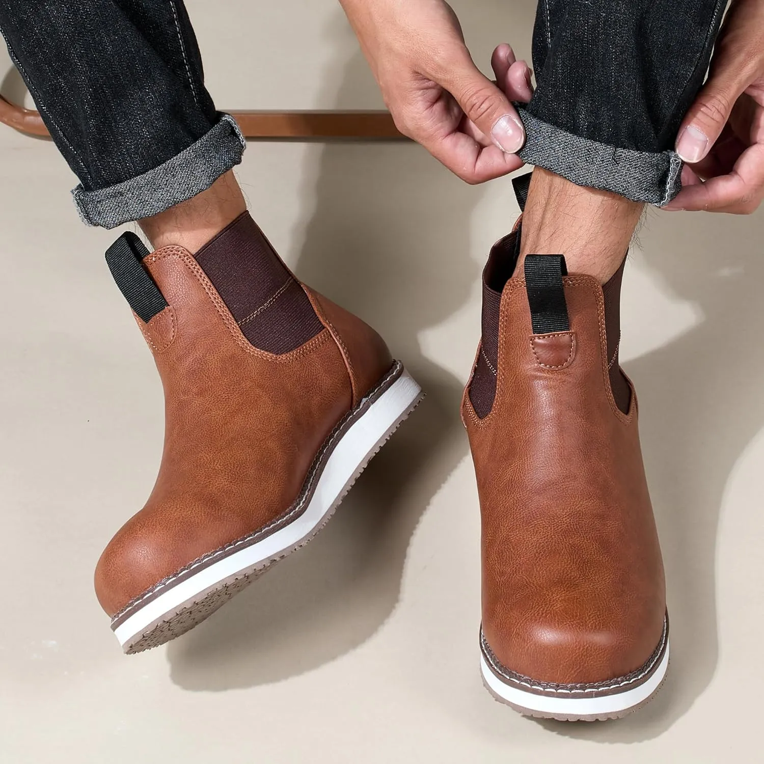 Men's Chelsea Boots Mid Top Slip On Chelsea Boots Outdoor Casual Boots Flat Street Hiking Boots