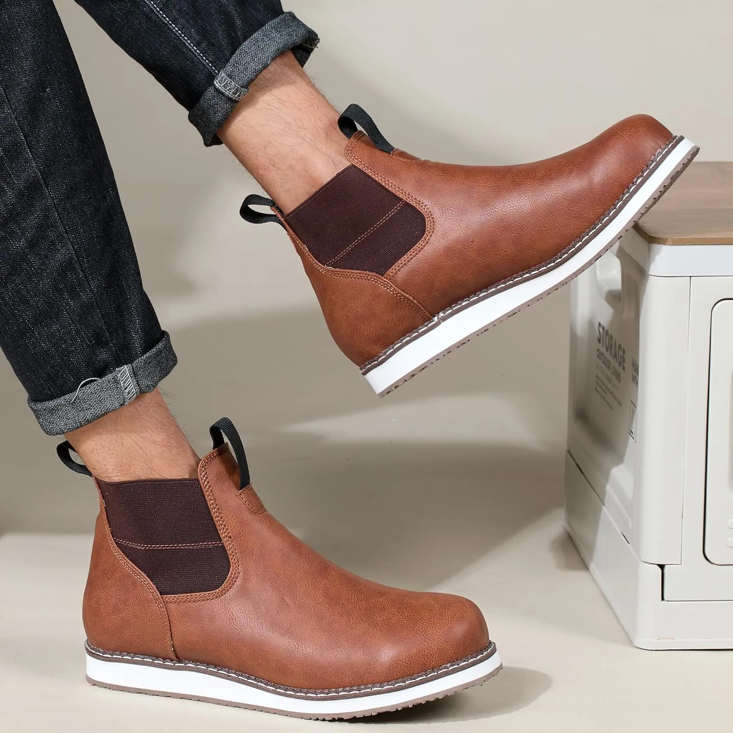 Men's Chelsea Boots Mid Top Slip On Chelsea Boots Outdoor Casual Boots Flat Street Hiking Boots