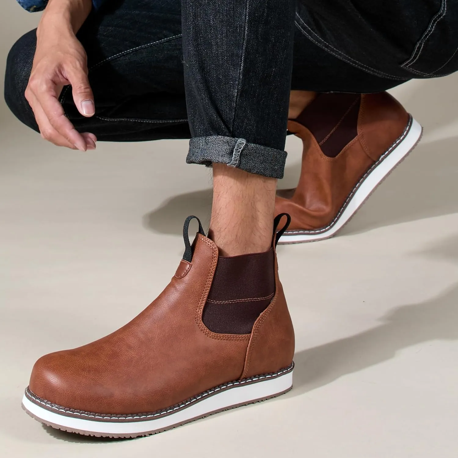 Men's Chelsea Boots Mid Top Slip On Chelsea Boots Outdoor Casual Boots Flat Street Hiking Boots