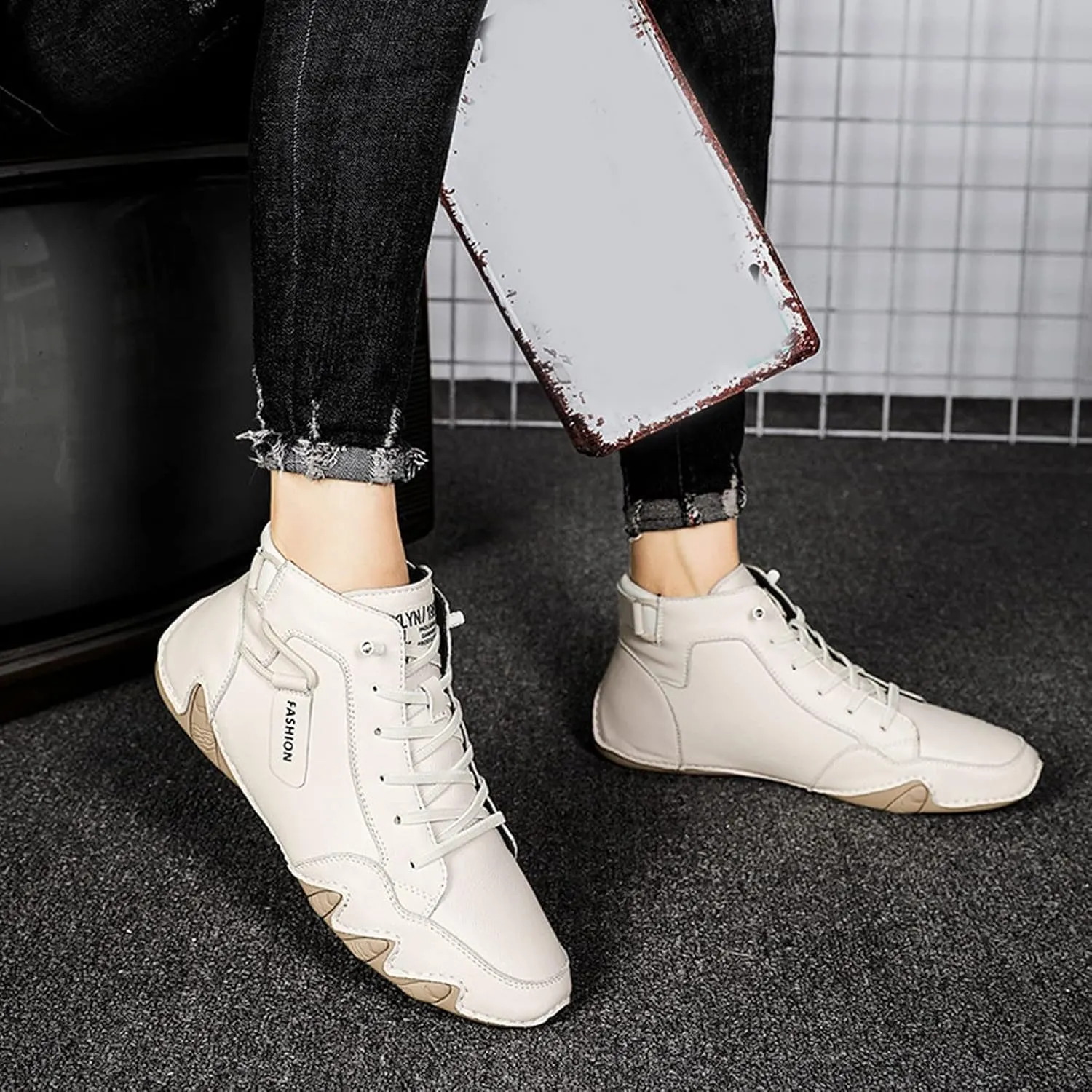 Mens High Top Lace Up Leather Sport Shoes Casual Shoes Mens Plus Size Ankle Boots Mechanic Work Boots Sneaker