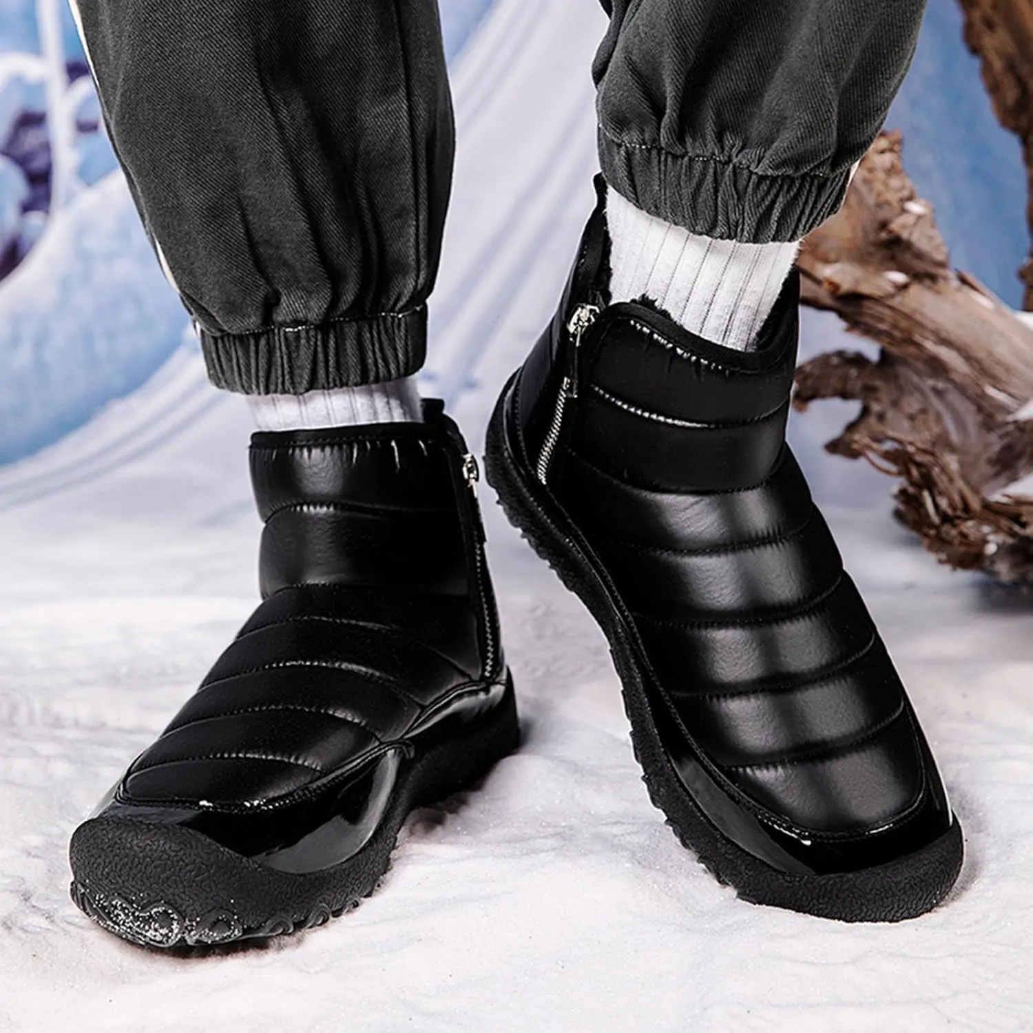 Mens Hiking Boots, Waterproof Fuzzy Boots Insulated Warm Boots Fur Lined Short Ankle Booties Womens Work Boots