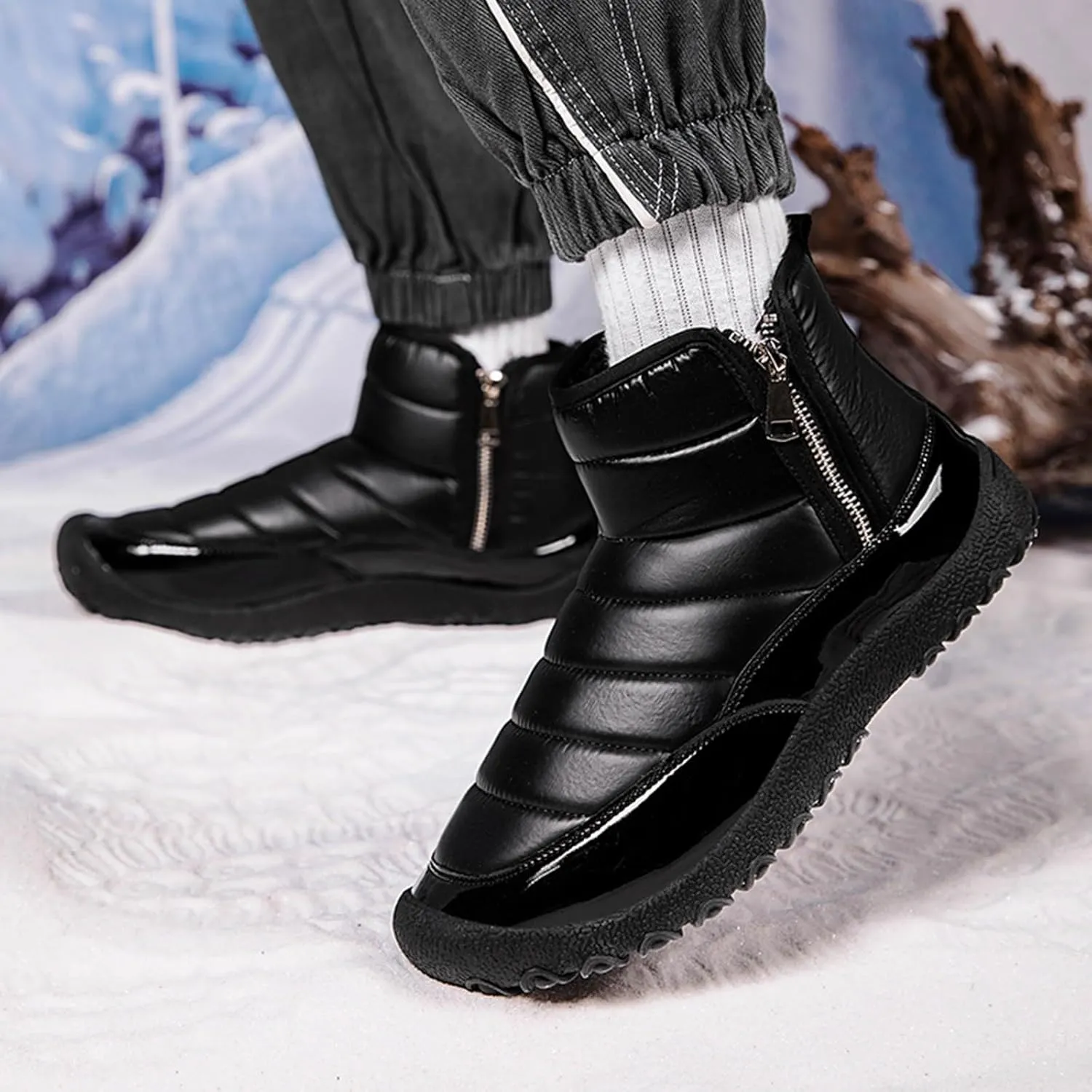 Mens Hiking Boots, Waterproof Fuzzy Boots Insulated Warm Boots Fur Lined Short Ankle Booties Womens Work Boots