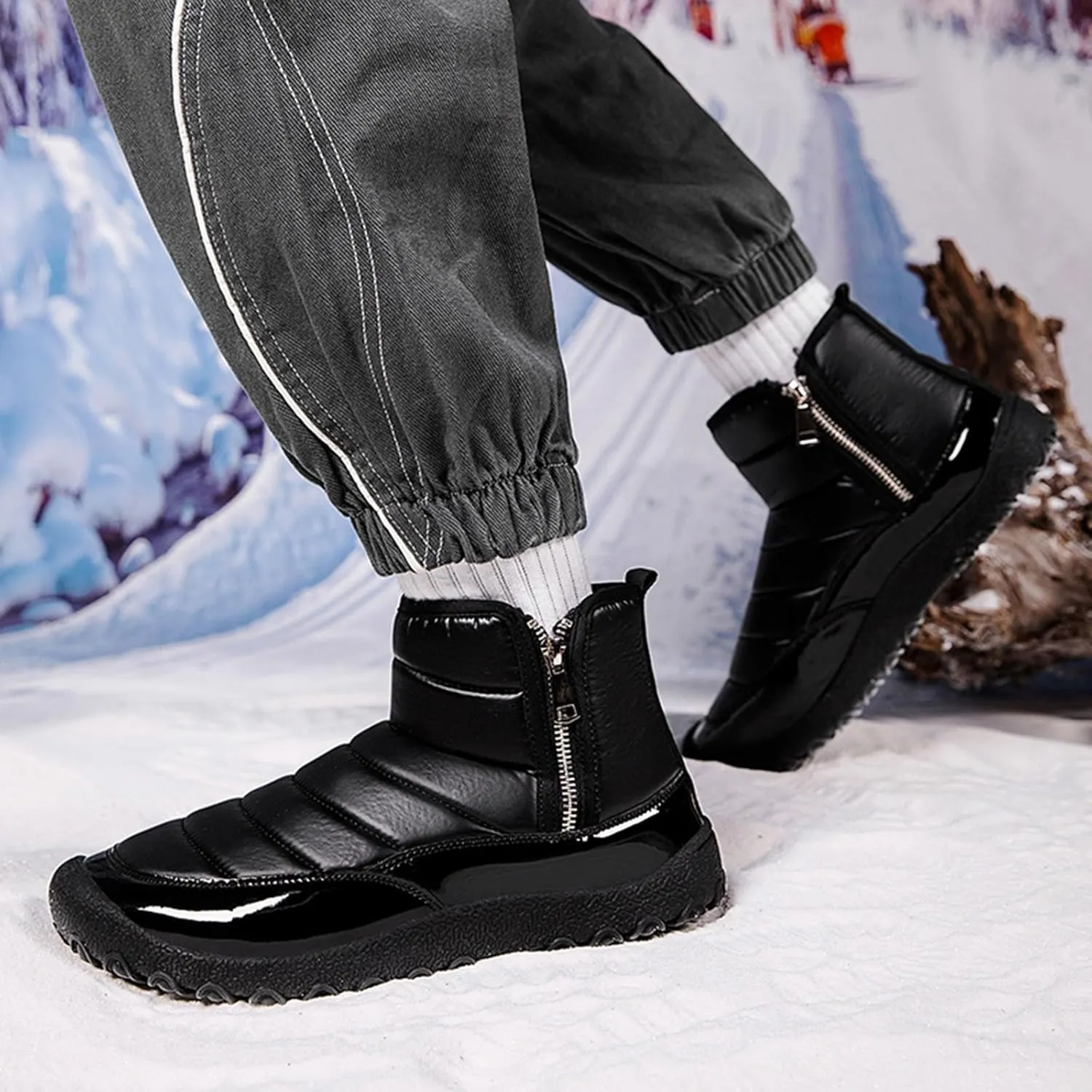 Mens Hiking Boots, Waterproof Fuzzy Boots Insulated Warm Boots Fur Lined Short Ankle Booties Womens Work Boots