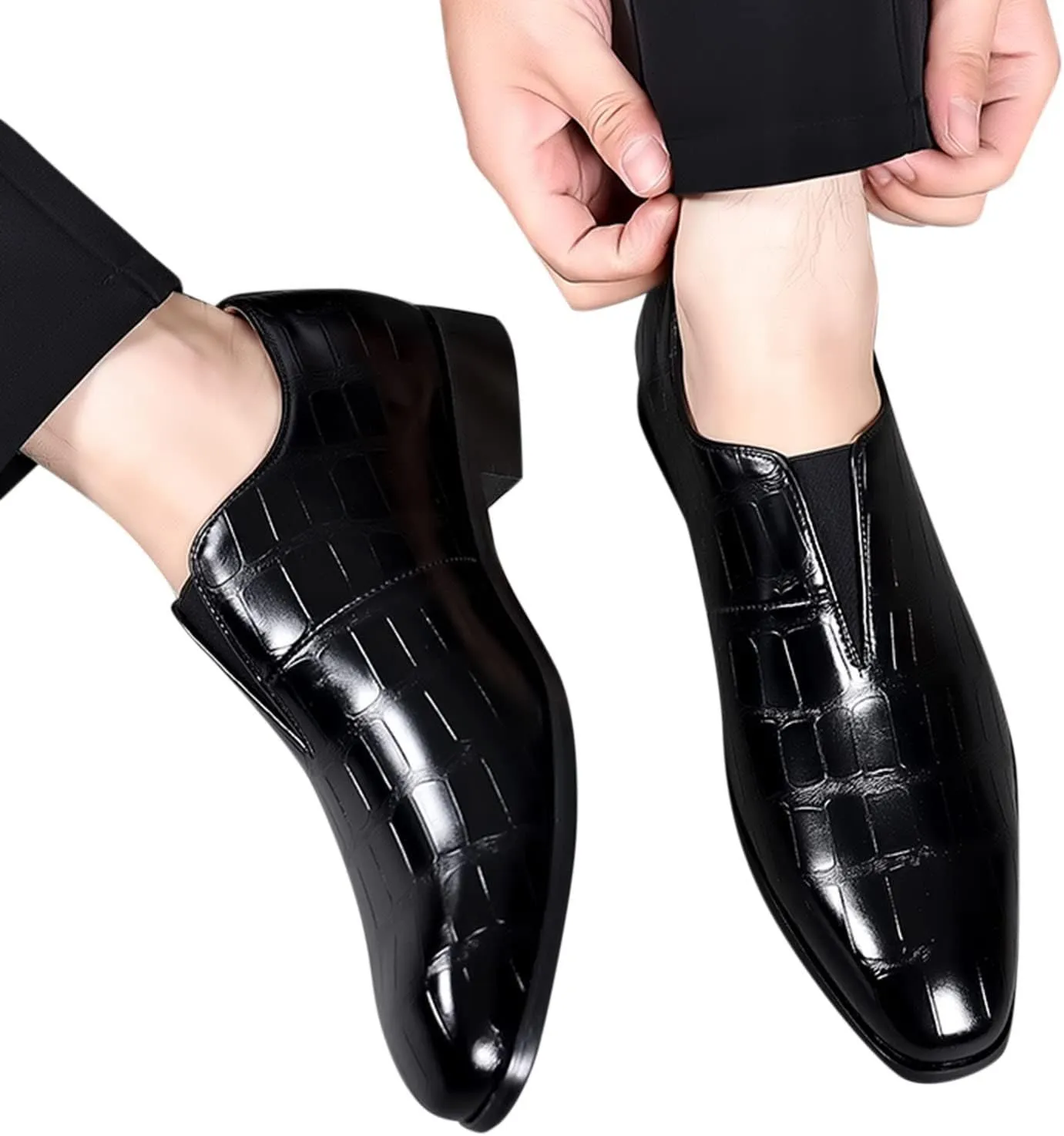 Mens Leather Boots Classical Style Shoes for Men Slip On PU Leather Low Rubber Sole Block Heel Work Feet Men