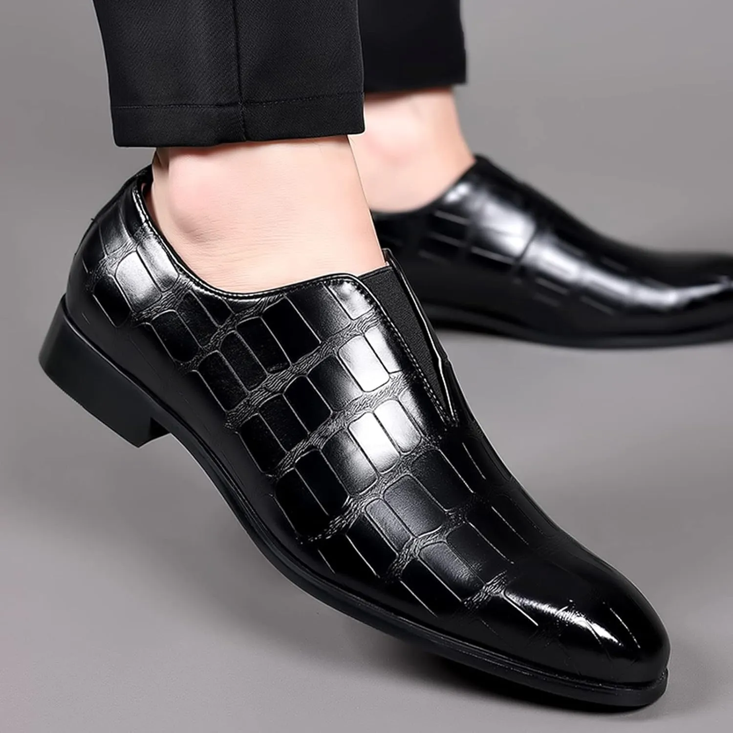 Mens Leather Boots Classical Style Shoes for Men Slip On PU Leather Low Rubber Sole Block Heel Work Feet Men