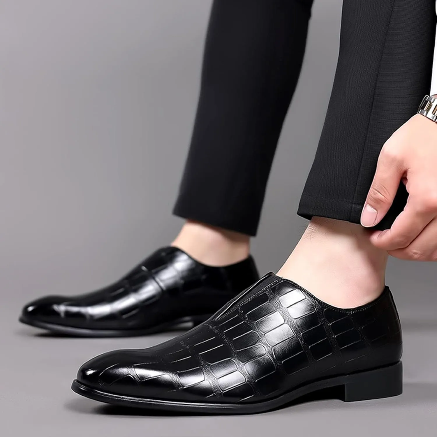 Mens Leather Boots Classical Style Shoes for Men Slip On PU Leather Low Rubber Sole Block Heel Work Feet Men
