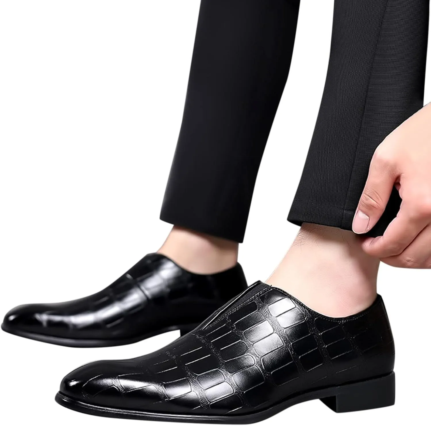 Mens Leather Boots Classical Style Shoes for Men Slip On PU Leather Low Rubber Sole Block Heel Work Feet Men
