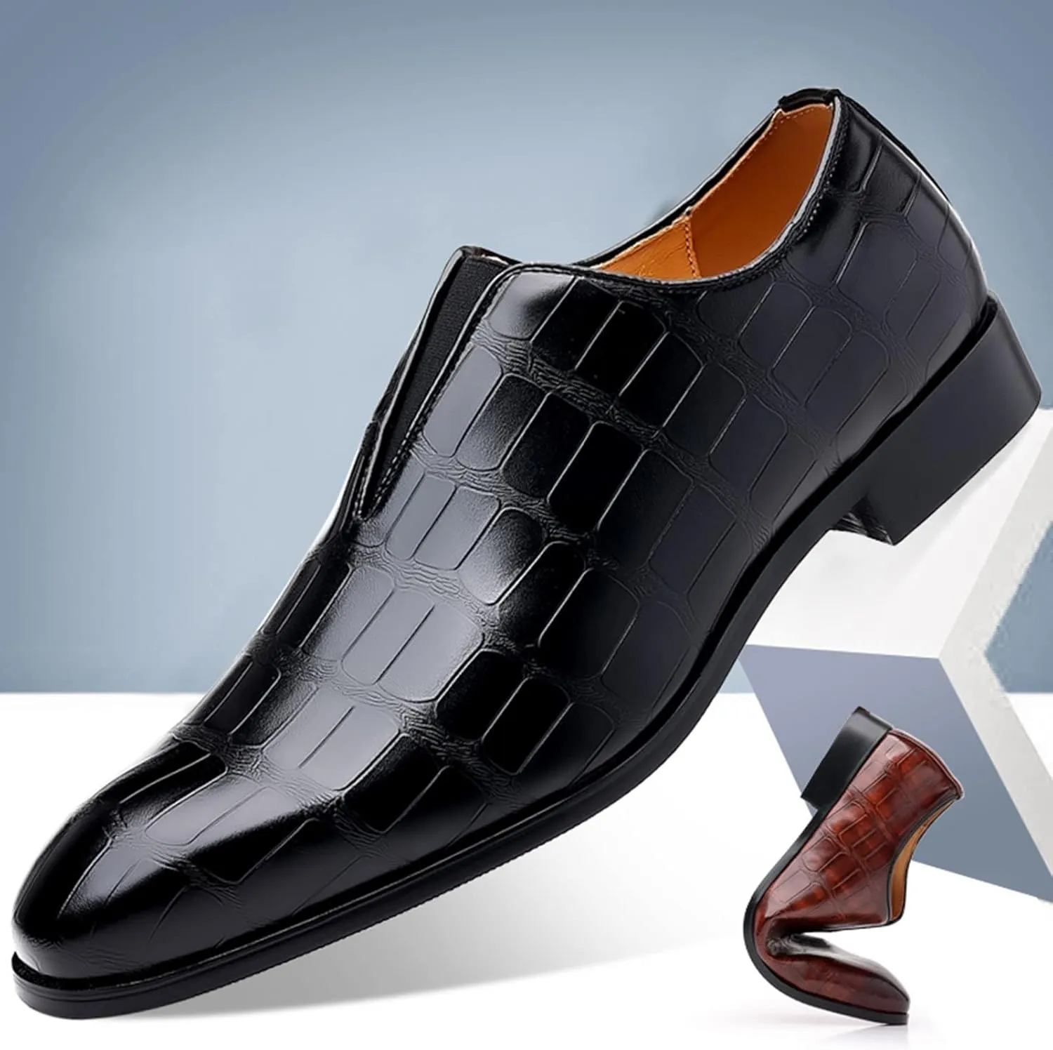 Mens Leather Boots Classical Style Shoes for Men Slip On PU Leather Low Rubber Sole Block Heel Work Feet Men