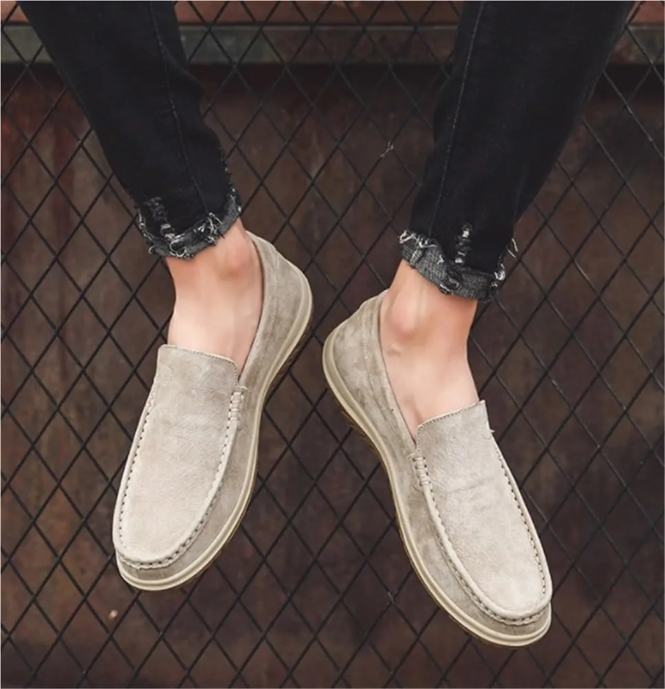 Mens Loafers Shoe Genuine Leather Stitching Details Round Toe Suede Vamp Flexible Comfortable Slip Resistant Walking Slip-on