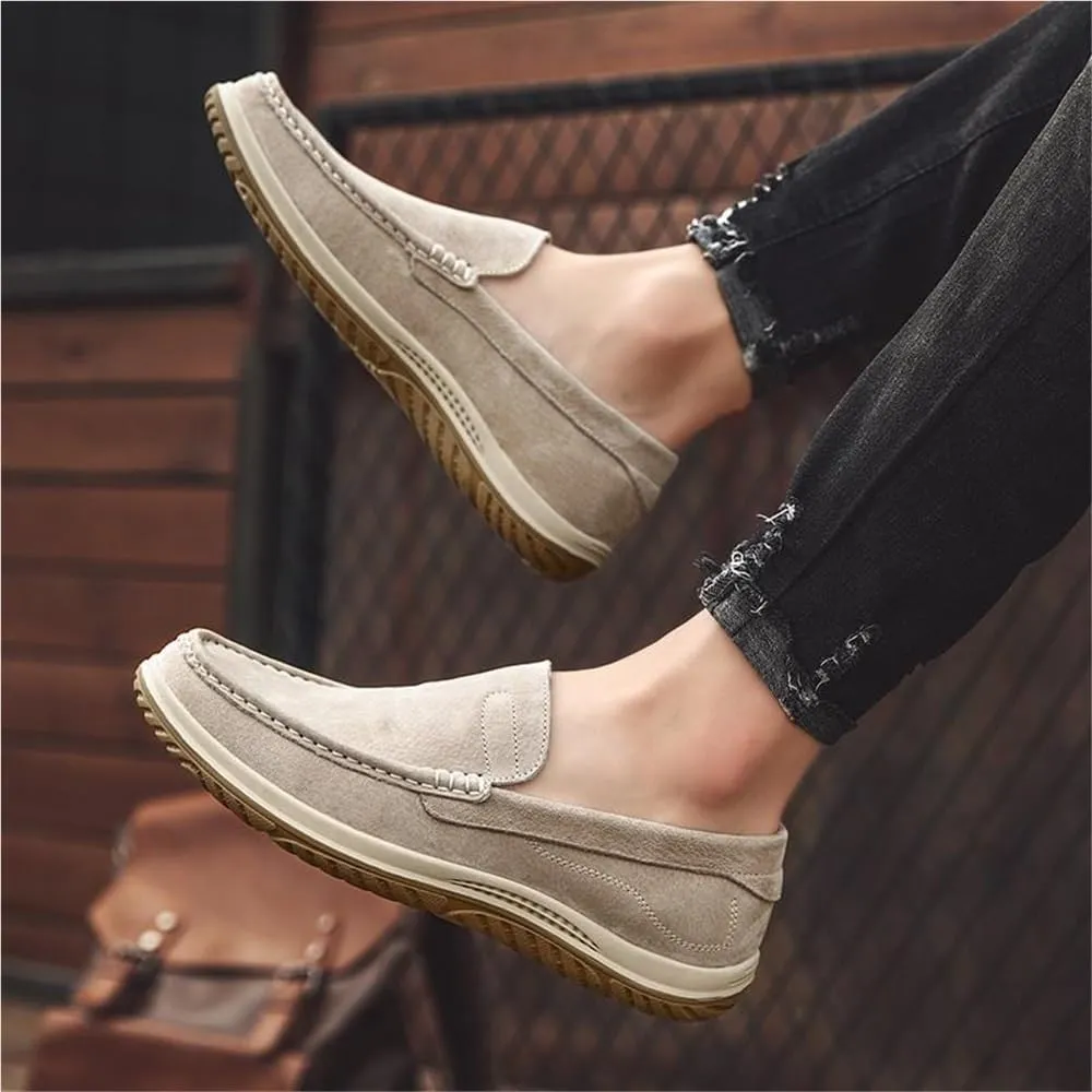 Mens Loafers Shoe Genuine Leather Stitching Details Round Toe Suede Vamp Flexible Comfortable Slip Resistant Walking Slip-on