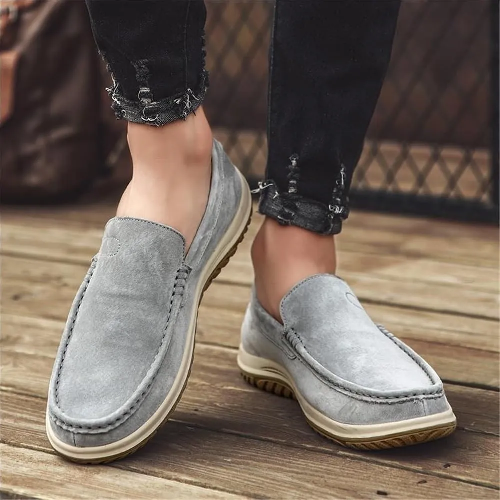 Mens Loafers Shoe Genuine Leather Stitching Details Round Toe Suede Vamp Flexible Comfortable Slip Resistant Walking Slip-on