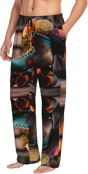 Mens Pajama Pants Bottoms with Pockets, Classic Floral Blue Skate Shoes Comfort Pj Lounge Pants Soft Sleep Pants for Men