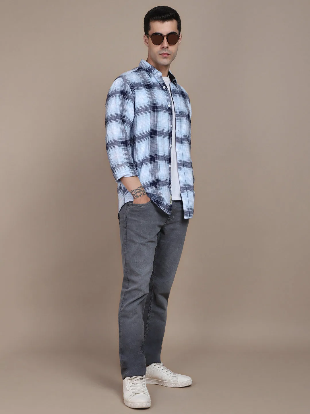 Men's Regular Collar Slim Fit Print Navy Casual Shirts