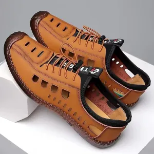 Men's SandalMen's Closed Toe Leather Sandals2023 Summer Men's Soft Leather Casual Men's Shoes Soft Bottom Men's Casual Hollow cave Shoes Breathable Leather Sandals (Color : Yellow-Brown, Size : 8.