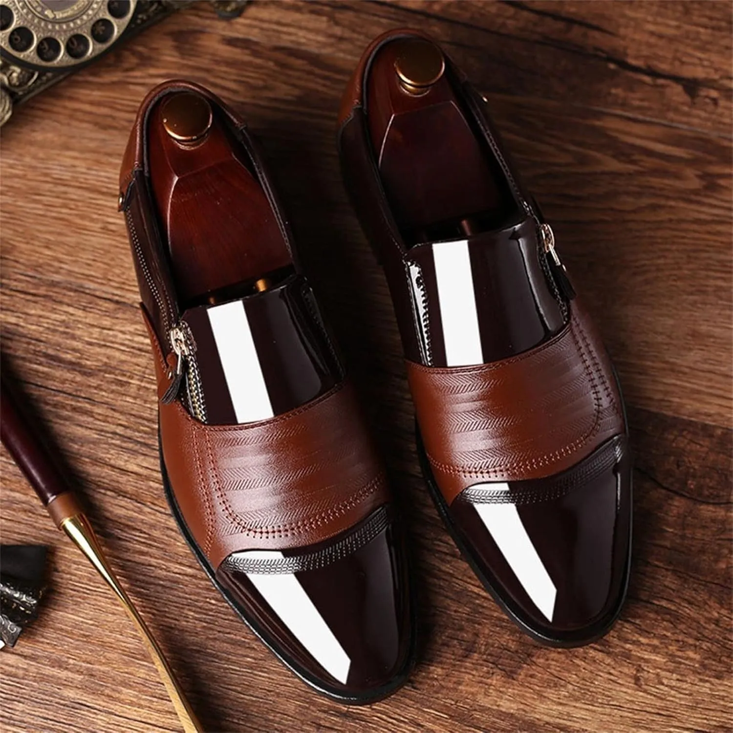 Mens Shoes 574 Leather Classical Style Men's Breathable Hollow Business Casual Pointed Shoes Ballet Shoes for Men Leather (Brown, 11)