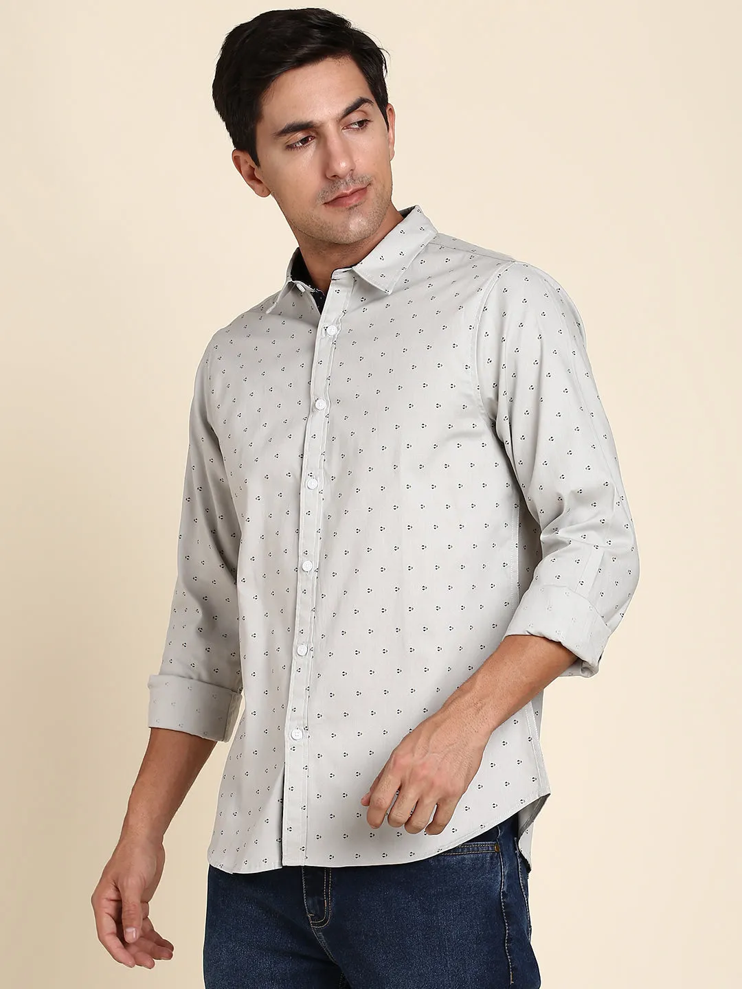 Men's Slim Fit Grey Abstract Print Spread Collar & Full Sleeves Casual Shirt