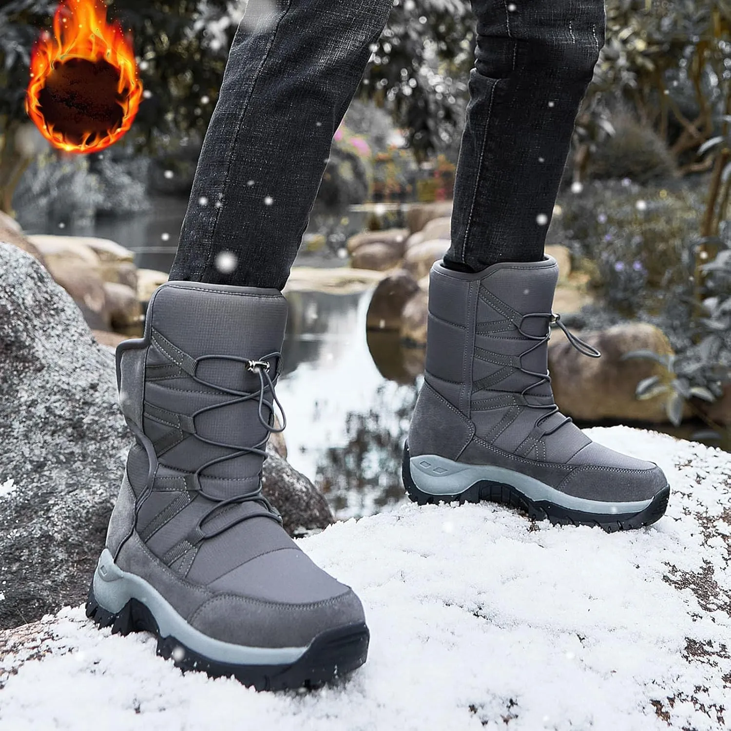 Mens Snow Boots Warm Fur Lined Mid Calf Winter Boots Lace Up Water Resistant Anti Slip Outdoor Lightweight Casual Climbing Shoes Hiking Shoes Work Trekking Boot
