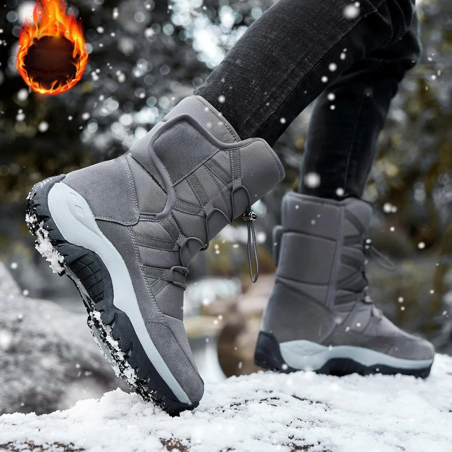 Mens Snow Boots Warm Fur Lined Mid Calf Winter Boots Lace Up Water Resistant Anti Slip Outdoor Lightweight Casual Climbing Shoes Hiking Shoes Work Trekking Boot