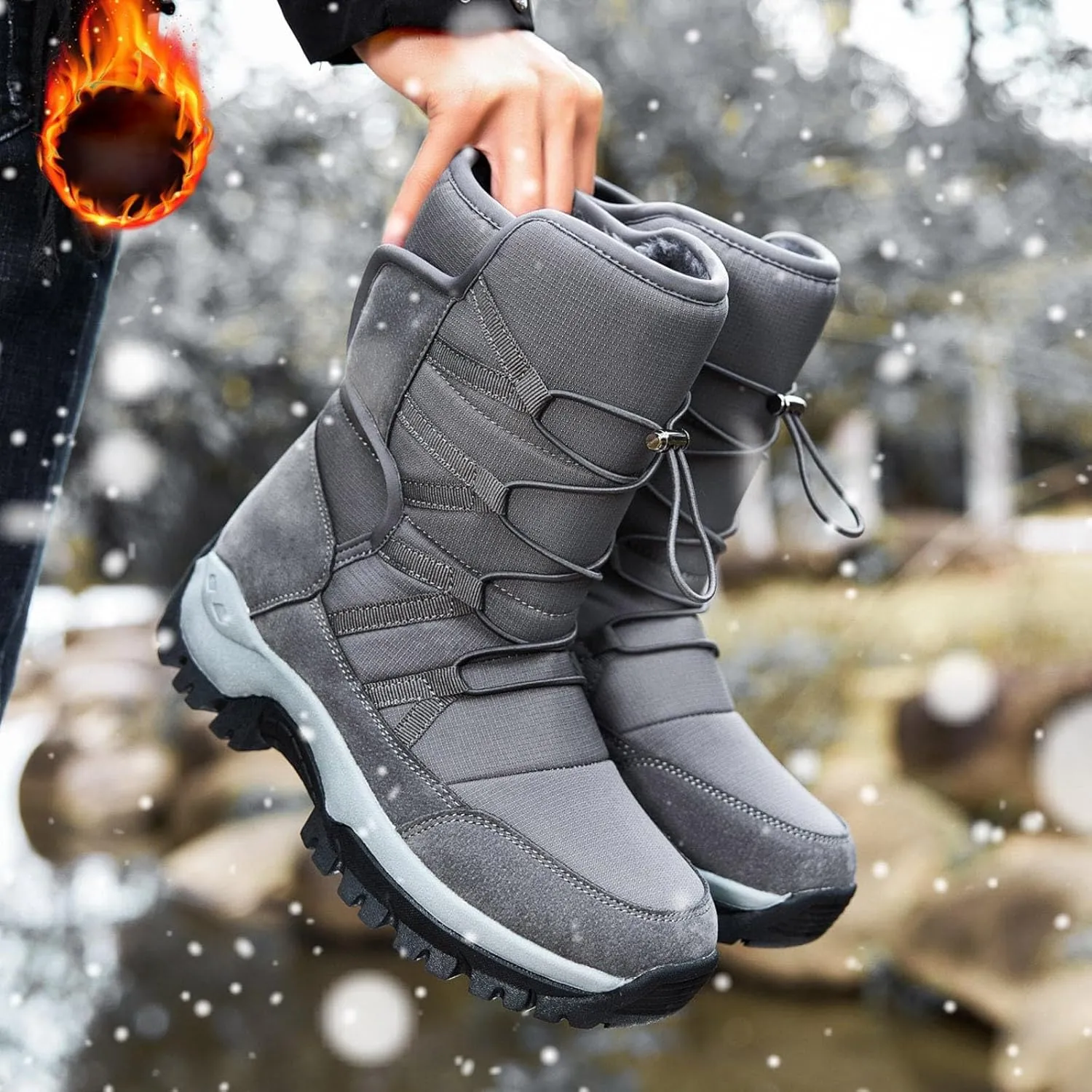 Mens Snow Boots Warm Fur Lined Mid Calf Winter Boots Lace Up Water Resistant Anti Slip Outdoor Lightweight Casual Climbing Shoes Hiking Shoes Work Trekking Boot