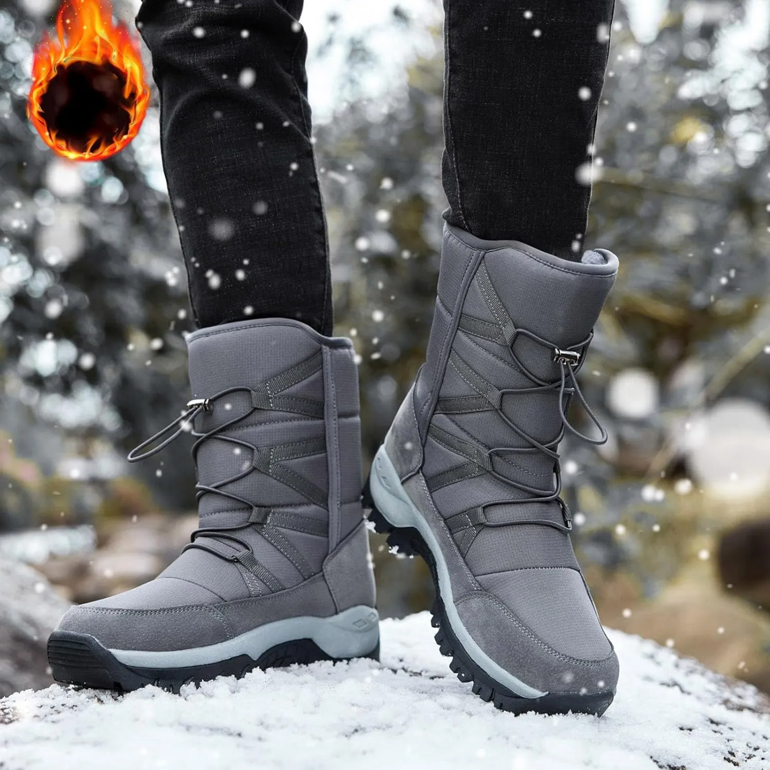 Mens Snow Boots Warm Fur Lined Mid Calf Winter Boots Lace Up Water Resistant Anti Slip Outdoor Lightweight Casual Climbing Shoes Hiking Shoes Work Trekking Boot