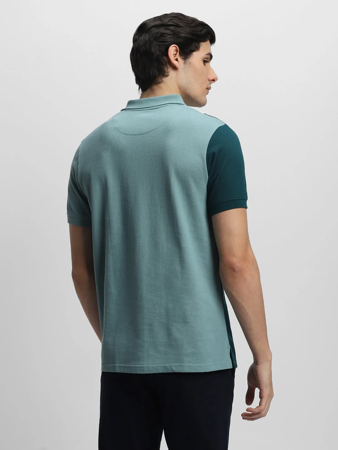 Men's Spread Collar Regular Fit Colorblock Green T-shirt
