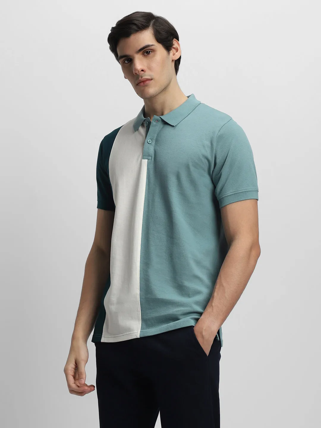 Men's Spread Collar Regular Fit Colorblock Green T-shirt
