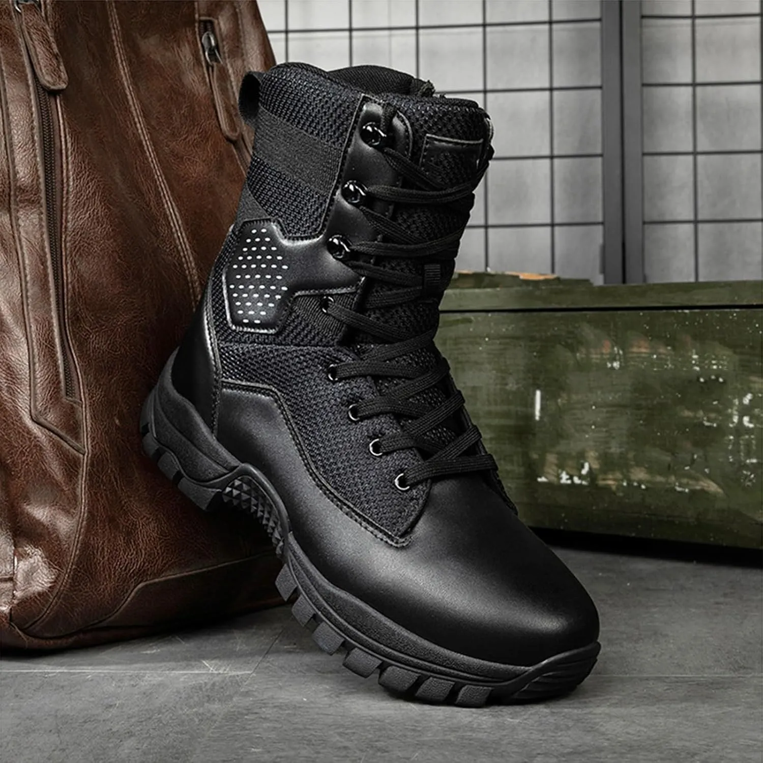 Men's Tactical Boots, Anti Slip Mid Length Combat Boots, Lightweight Waterproof Hiking Boots, Work Durable Boots, Side with Zipper