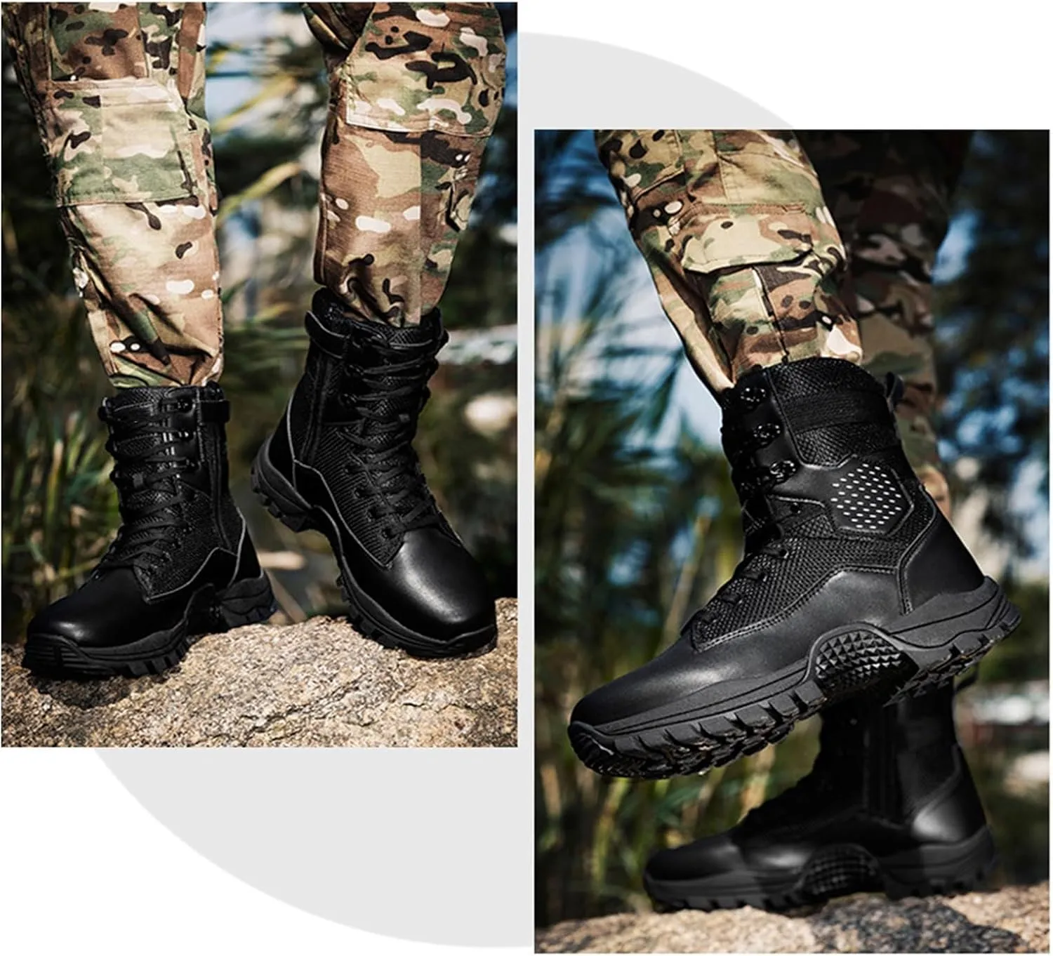 Men's Tactical Boots, Anti Slip Mid Length Combat Boots, Lightweight Waterproof Hiking Boots, Work Durable Boots, Side with Zipper