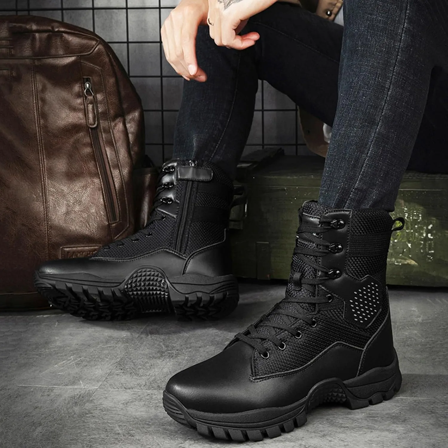 Men's Tactical Boots, Anti Slip Mid Length Combat Boots, Lightweight Waterproof Hiking Boots, Work Durable Boots, Side with Zipper