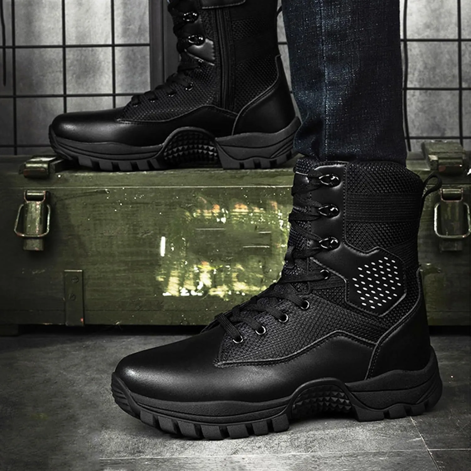 Men's Tactical Boots, Anti Slip Mid Length Combat Boots, Lightweight Waterproof Hiking Boots, Work Durable Boots, Side with Zipper