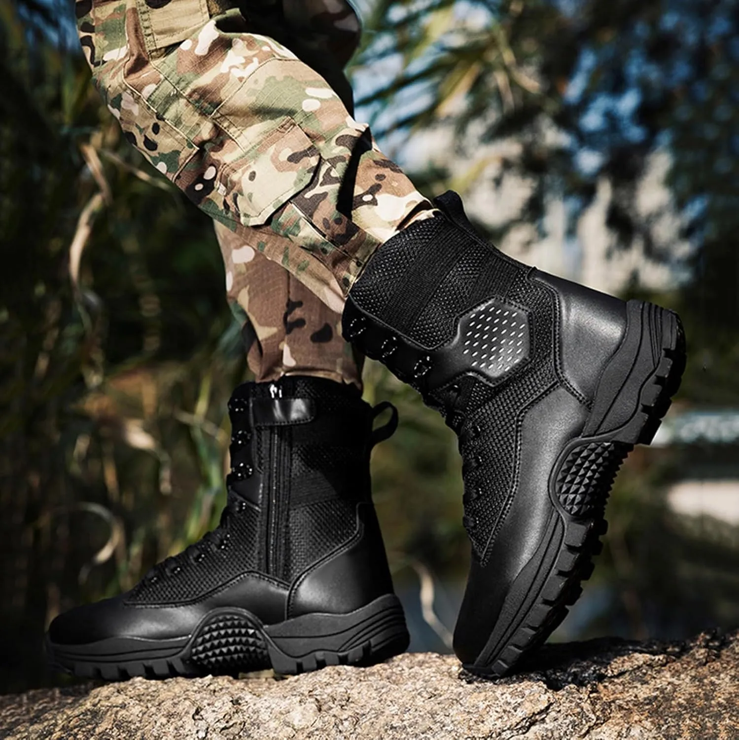 Men's Tactical Boots, Anti Slip Mid Length Combat Boots, Lightweight Waterproof Hiking Boots, Work Durable Boots, Side with Zipper