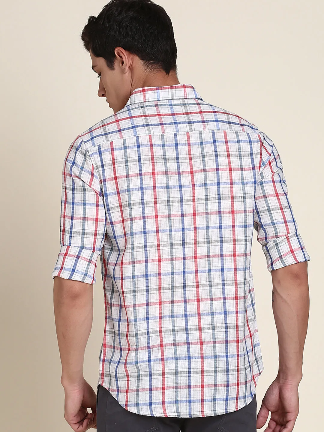 Men's White Small Checkered Slim Fit Casual Shirt