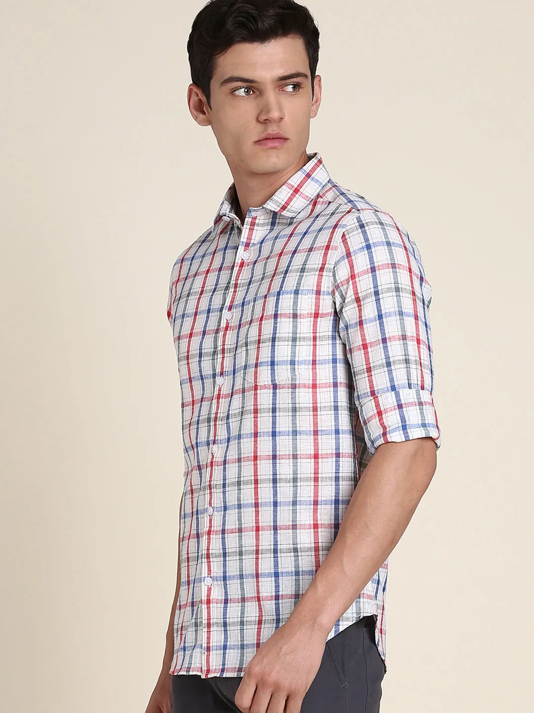 Men's White Small Checkered Slim Fit Casual Shirt