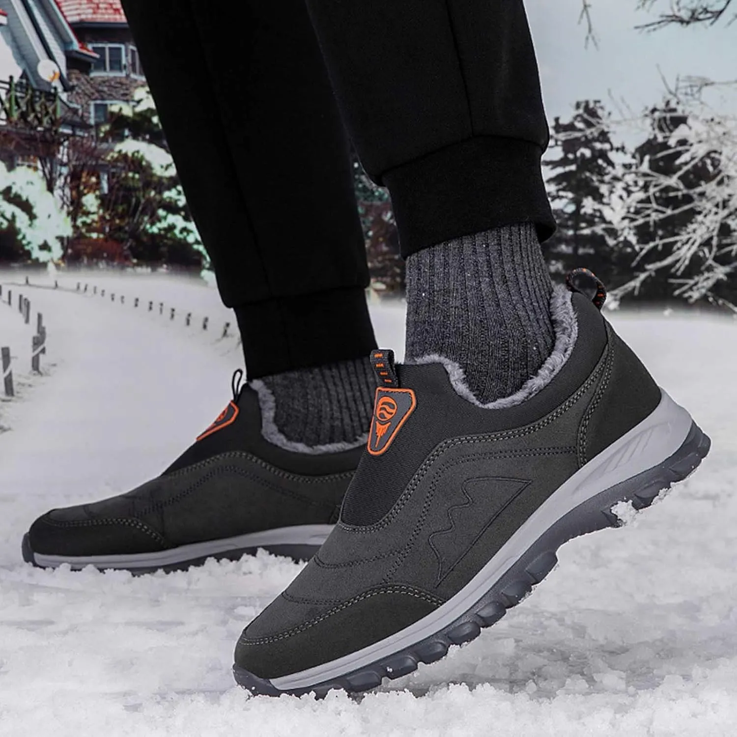 Mens Winter Hiking Shoes Waterproof Fur Warm Non-Slip Outdoor Casual Lined Booties Slip on Winter Boots Snow Shoes for Men