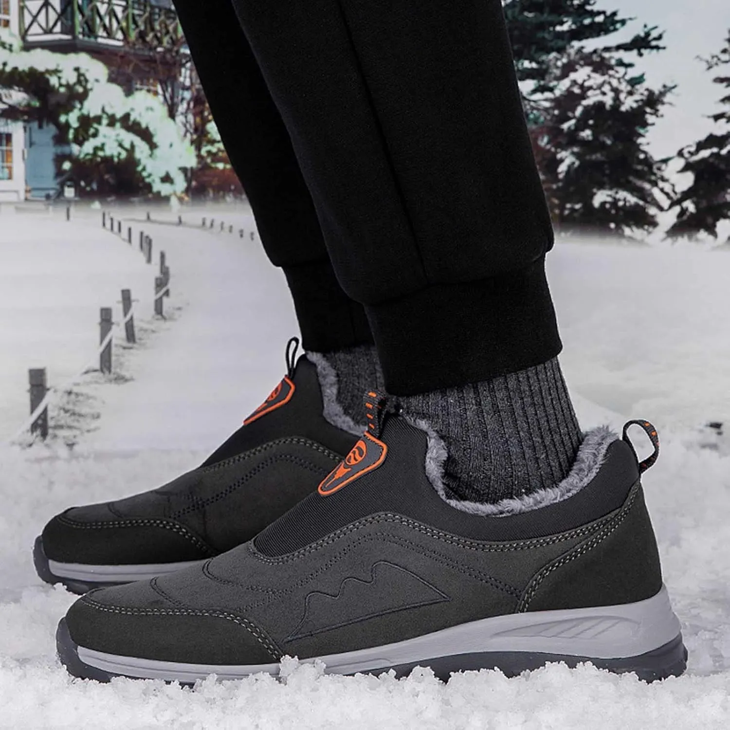 Mens Winter Hiking Shoes Waterproof Fur Warm Non-Slip Outdoor Casual Lined Booties Slip on Winter Boots Snow Shoes for Men