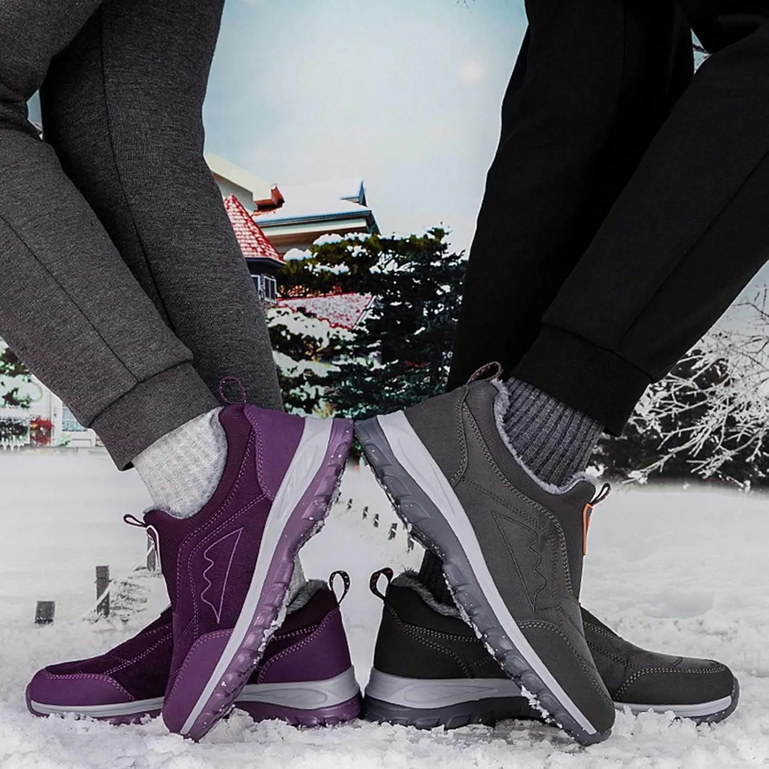 Mens Winter Hiking Shoes Waterproof Fur Warm Non-Slip Outdoor Casual Lined Booties Slip on Winter Boots Snow Shoes for Men