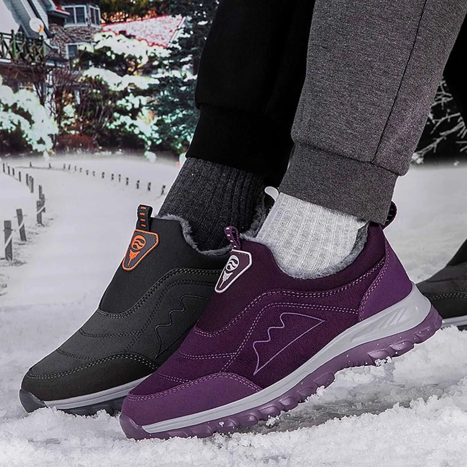 Mens Winter Hiking Shoes Waterproof Fur Warm Non-Slip Outdoor Casual Lined Booties Slip on Winter Boots Snow Shoes for Men