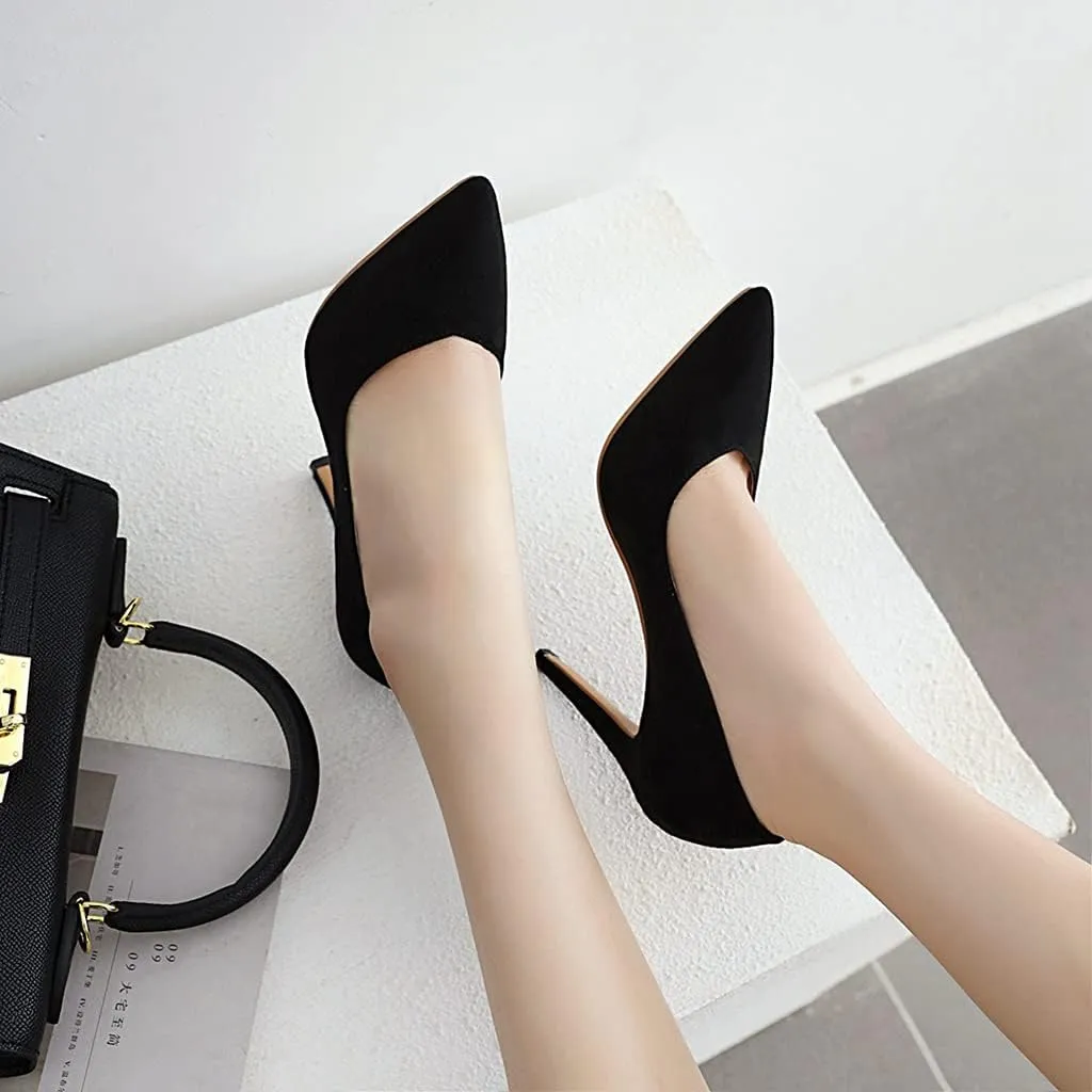 MIOKE Women's Pointed Toe Kitten Mid Heel Pumps Suede Slip On Comfort Stilettos Work Office Dress Shoes