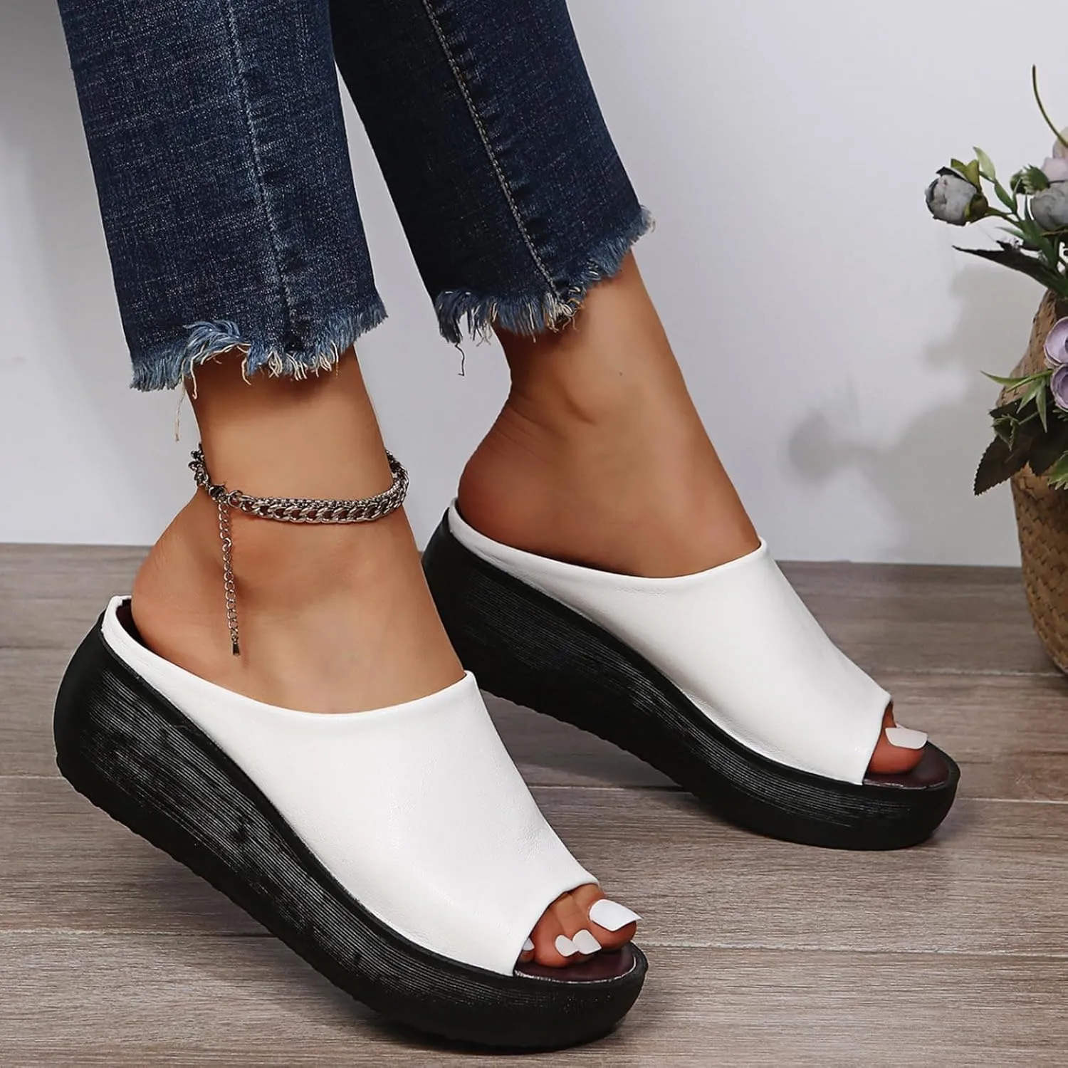 Orthopedic Sandals for Women Comfortable Orthotic Leather Wedges Sandals Platform Heel Slip On Sandal Arch Support Slides Summer Dressy Casual Walking Slippers Beach Vacation Shoes