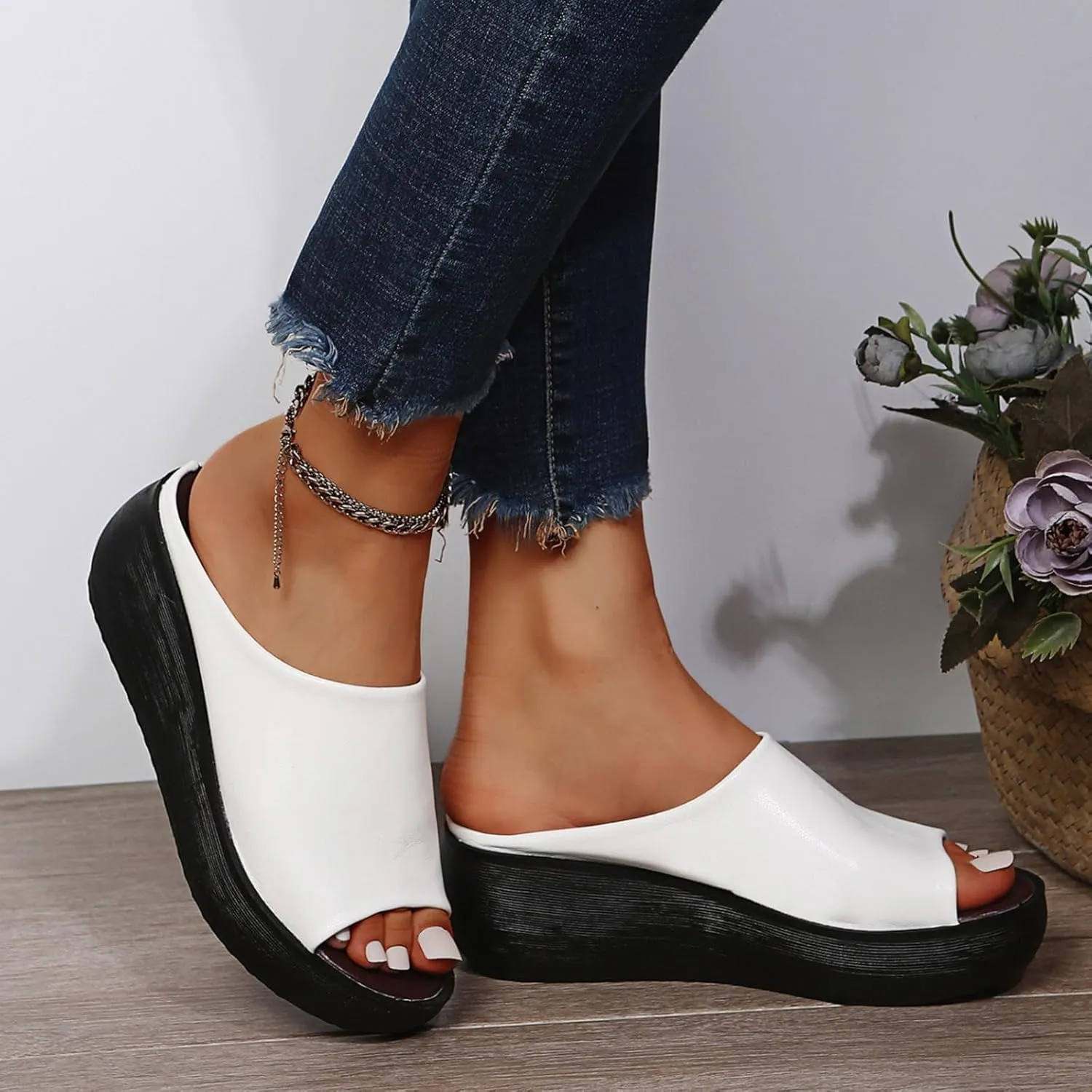Orthopedic Sandals for Women Comfortable Orthotic Leather Wedges Sandals Platform Heel Slip On Sandal Arch Support Slides Summer Dressy Casual Walking Slippers Beach Vacation Shoes