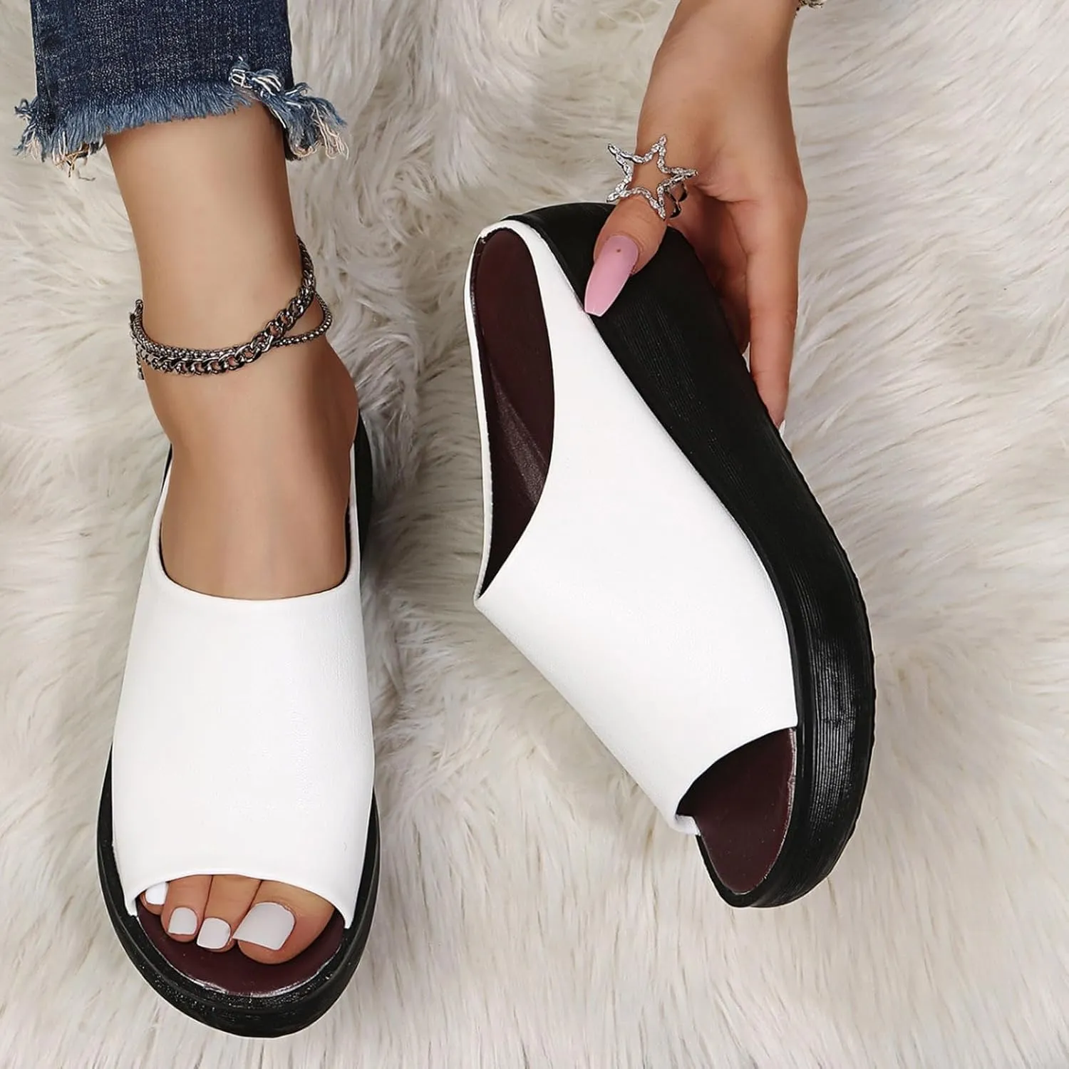 Orthopedic Sandals for Women Comfortable Orthotic Leather Wedges Sandals Platform Heel Slip On Sandal Arch Support Slides Summer Dressy Casual Walking Slippers Beach Vacation Shoes