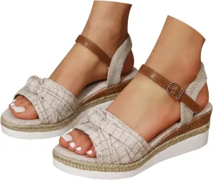 Orthowalkway Wedge Sandals Orthopedic Sandals for Women Fabric Bow Knot Summer Shoes Casual Beach Walking Slides