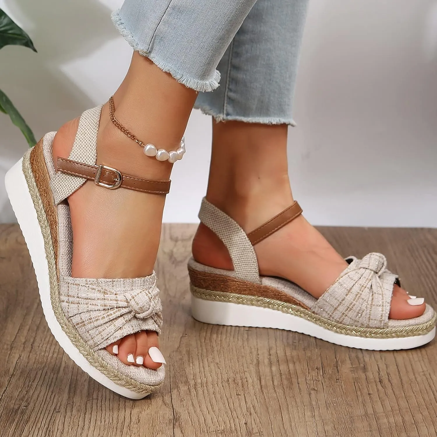 Orthowalkway Wedge Sandals Orthopedic Sandals for Women Fabric Bow Knot Summer Shoes Casual Beach Walking Slides
