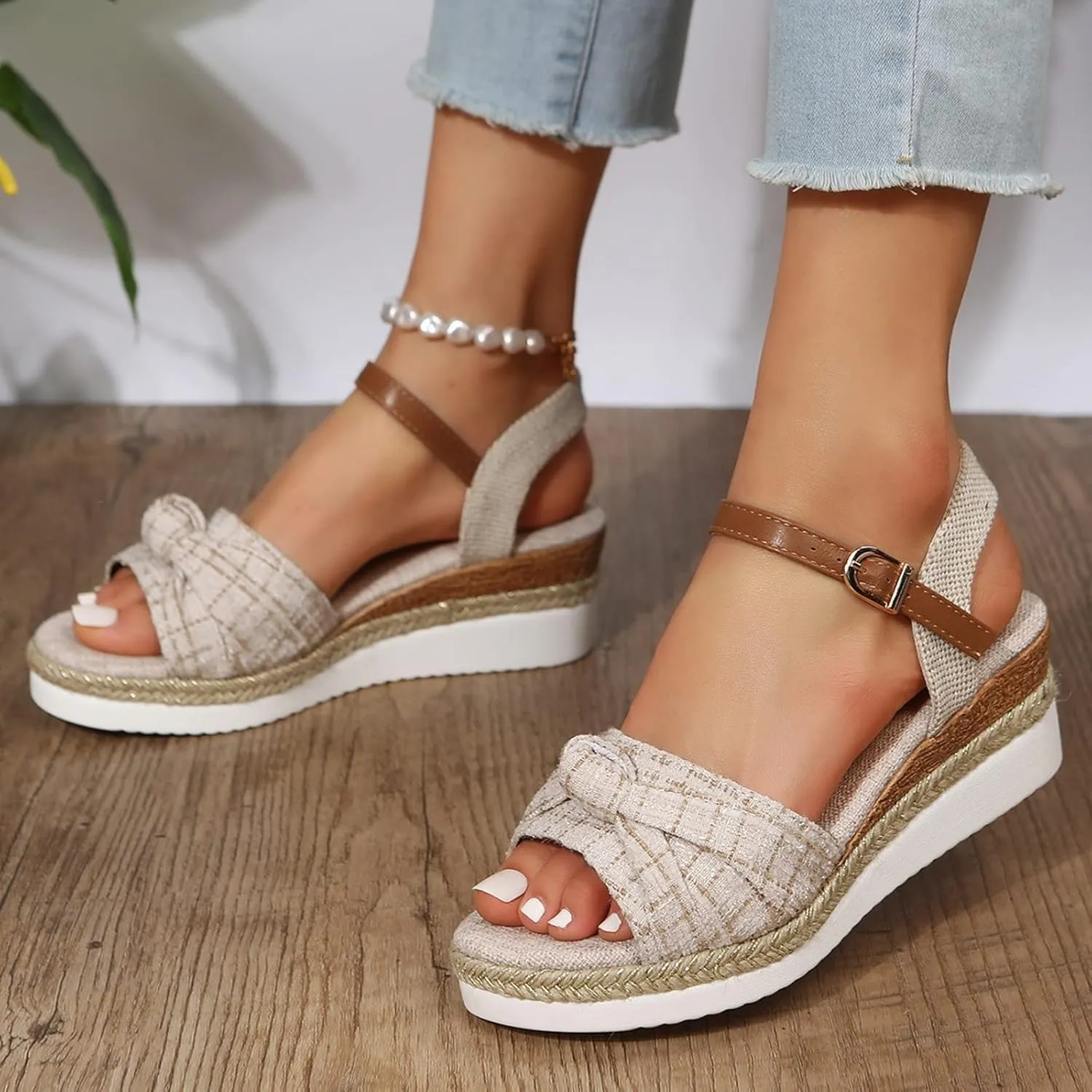 Orthowalkway Wedge Sandals Orthopedic Sandals for Women Fabric Bow Knot Summer Shoes Casual Beach Walking Slides